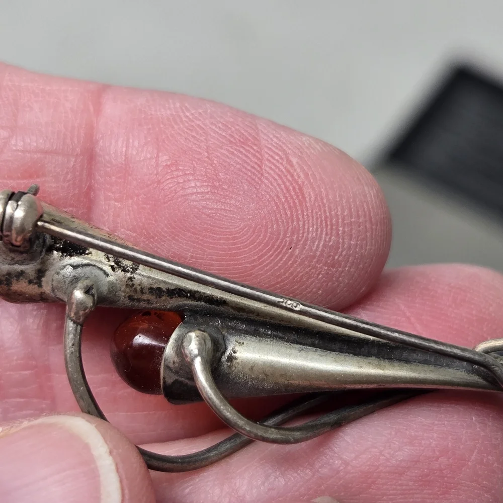 Vintage Sterling Silver 925 Baltic Amber 2” Calla Lily Floral Brooch Pin - Picture 10 of 11